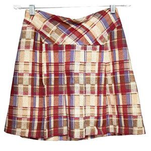 Vintage Plaid Wool Blend Pleated Mini Skirt Academia School Girl Red Beige Check